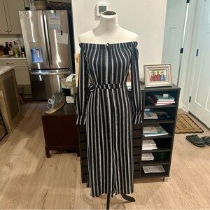 A Byer Off-Shoulder Black and White Striped Dress